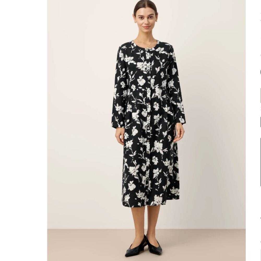 100% Linen Floral Printed Gathered Maxi Dress ELODIE